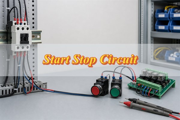 Start stop circuit wiring with contactor, pushbuttons, and PCB interface