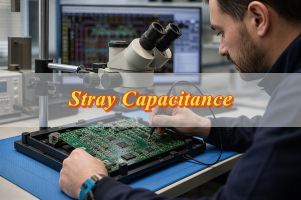 Stray capacitance, engineer reviewing sensitive PCB nodes under a microscope