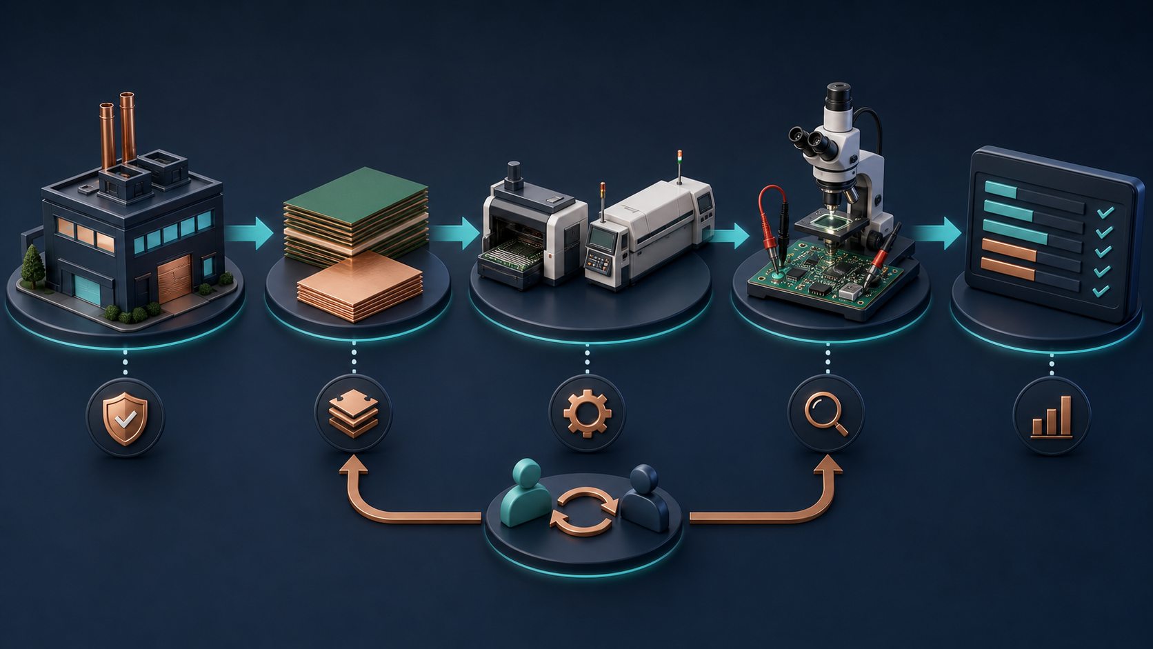 PCB supplier audit control loop covering factory materials process inspection and performance