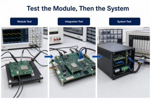 Module test, integration test, and complete modular PCB system test workflow