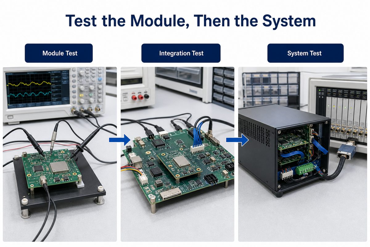 Module test, integration test, and complete modular PCB system test workflow
