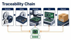 Traceability chain from component receiving through kitting assembly test and shipment