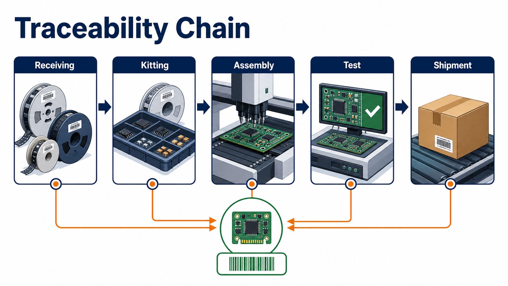 Traceability chain from component receiving through kitting assembly test and shipment