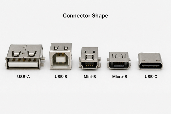 USB connector types chart with USB-A, USB-B, Mini-B, Micro-B and USB-C