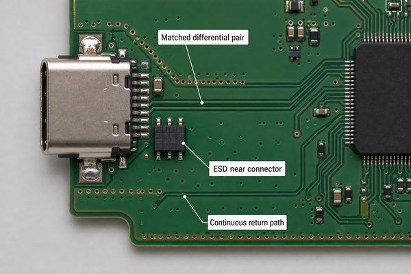 USB-C PCB routing with matched differential pair, ESD protection and continuous return path