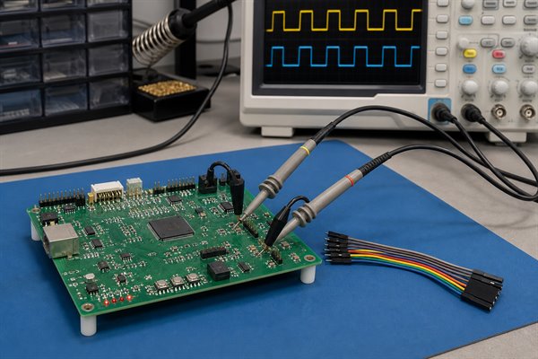UART and SPI interface validation with oscilloscope probes on a prototype PCBA