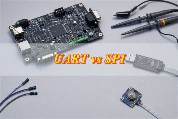 UART vs SPI interface comparison on an embedded controller workbench