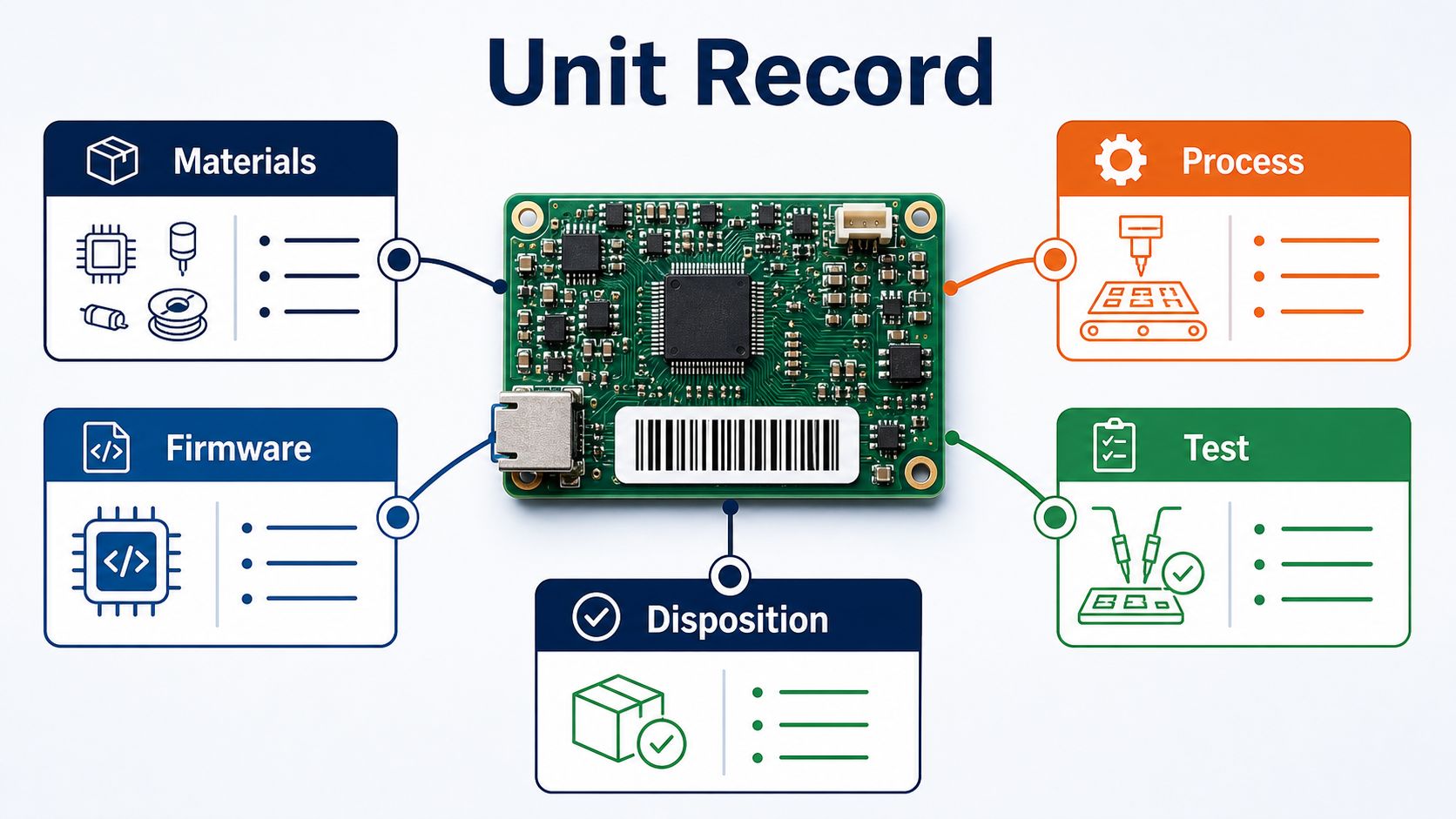 Unit record linking materials process firmware test and disposition to one PCB assembly identity