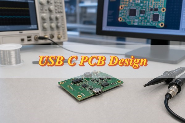 USB C PCB design board on an electronics engineering workbench