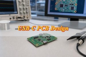 USB C PCB design board on an electronics engineering workbench
