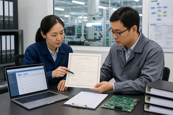 ISO 9001 PCB manufacturer, quality team checking certificate identity and scope against a PCB supplier