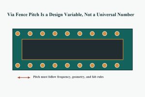 PCB via fence spacing diagram showing repeated ground stitching vias around a guarded region