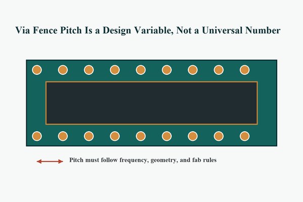PCB via fence spacing diagram showing repeated ground stitching vias around a guarded region