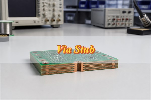 Via stub in a multilayer PCB shown as an unused plated through-hole section