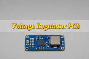 Voltage Regulator PCB, illustrative blue regulator board with an inductor and ceramic capacitors