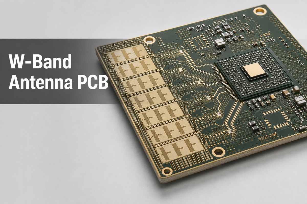 Realistic W-band antenna PCB with integrated array and RF feed structures