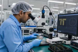 Engineer inspecting a high-frequency antenna PCB under an optical measurement microscope