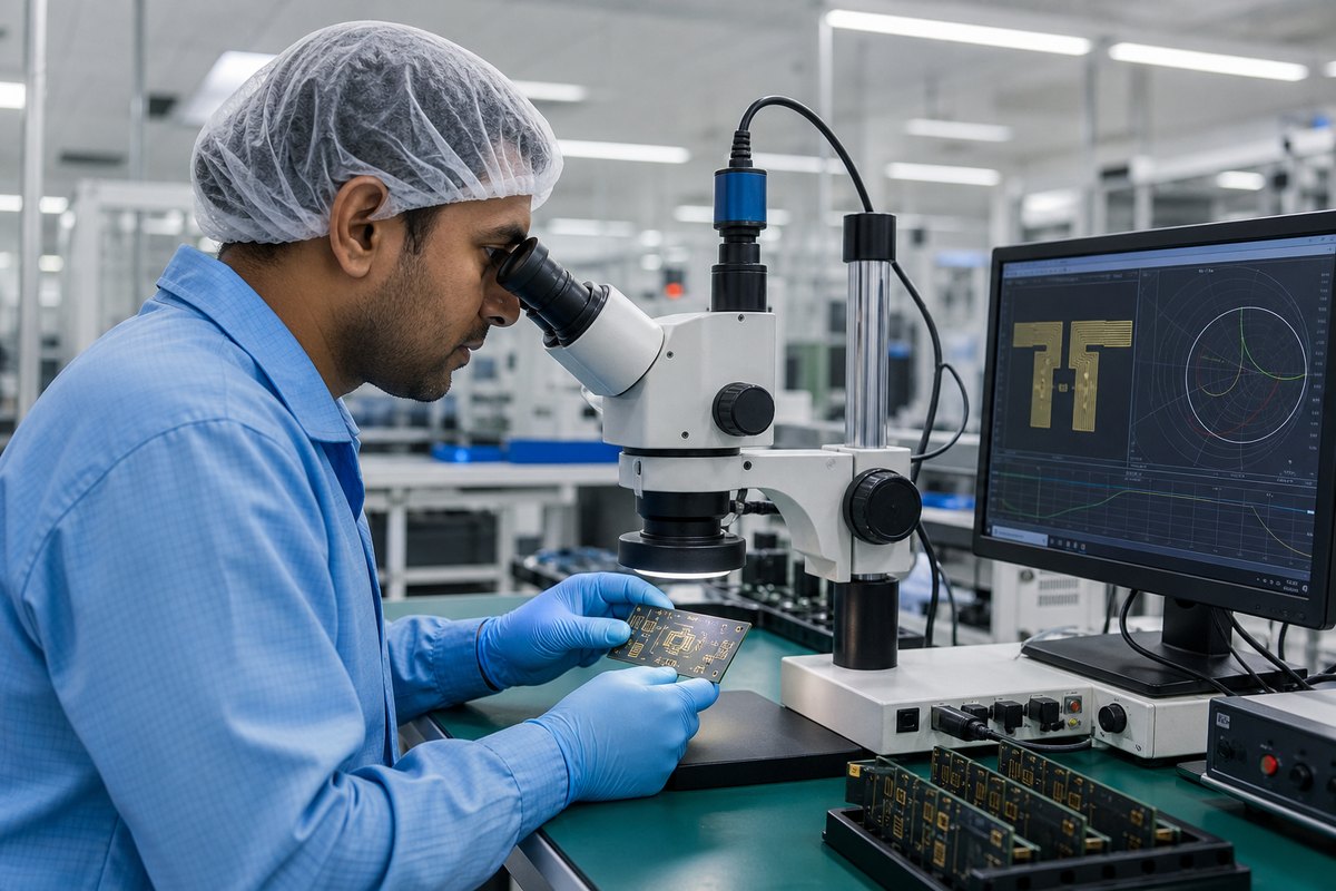 Engineer inspecting a high-frequency antenna PCB under an optical measurement microscope