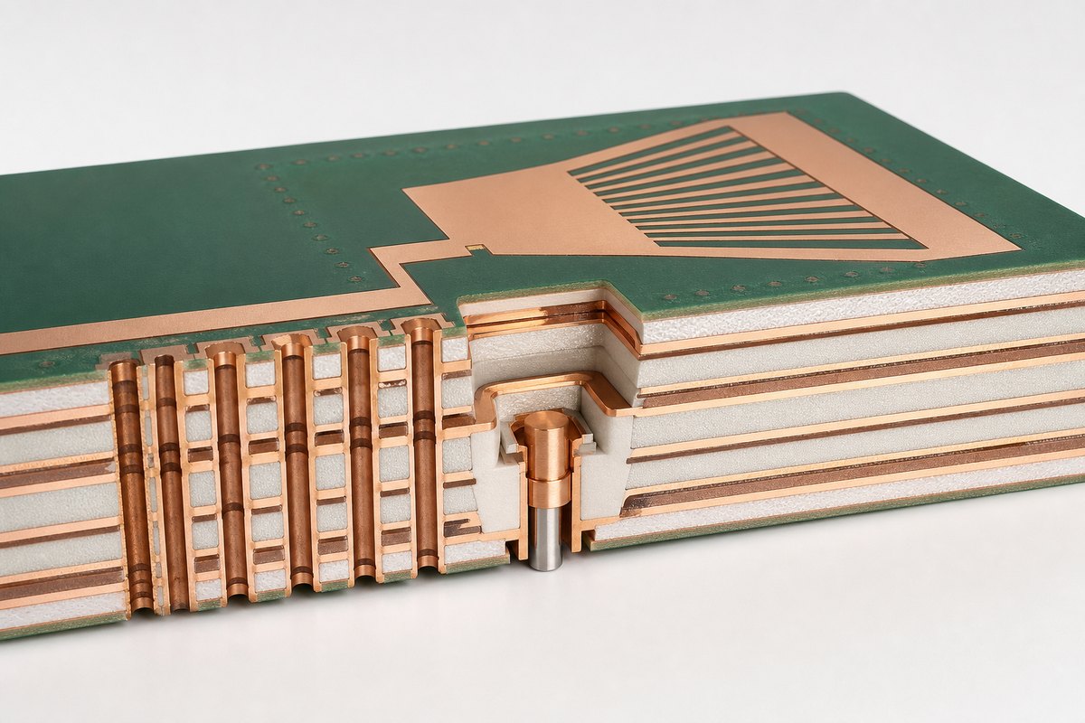 Cutaway view of multilayer W-band antenna PCB materials, copper layers and via structures