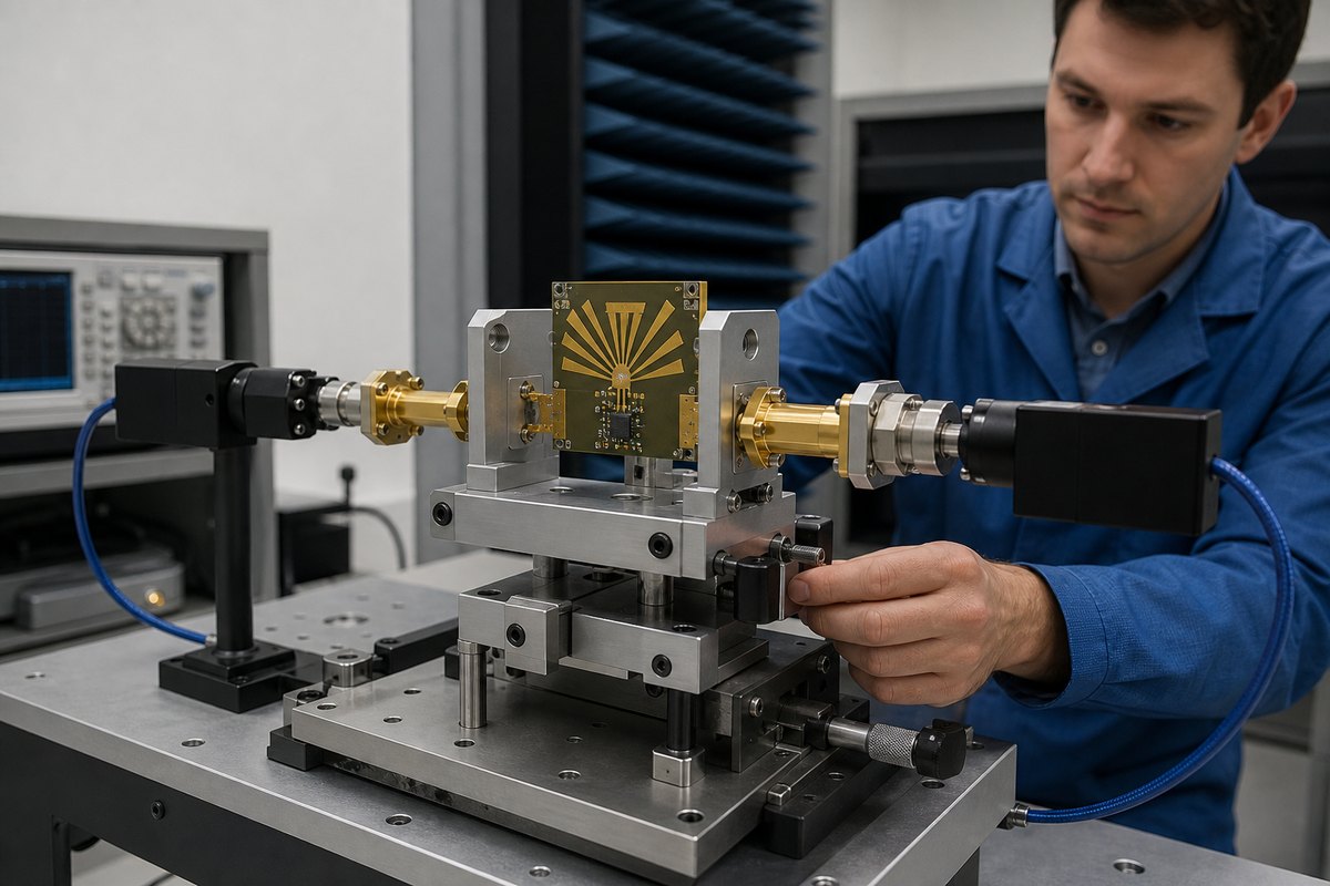 W-band antenna PCB mounted in a millimeter-wave laboratory test fixture