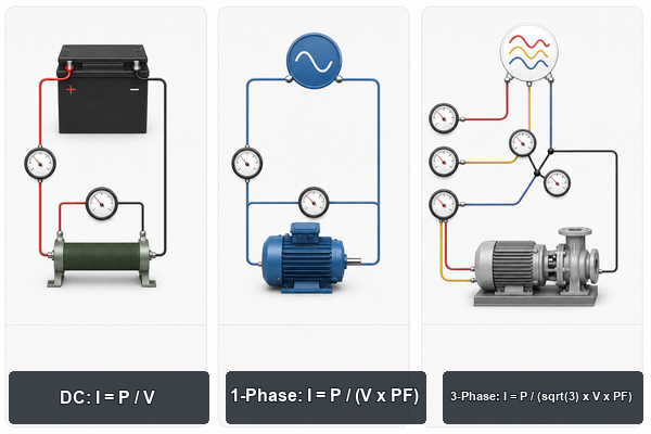DC single-phase AC and three-phase watts to amps formulas