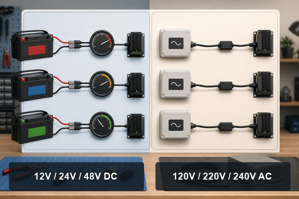 Watts to amps values at low-voltage DC and common AC voltages