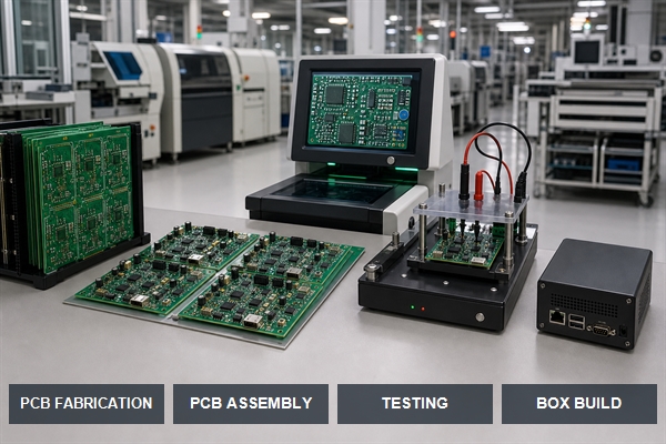 PCB fabrication assembly testing and box build workflow