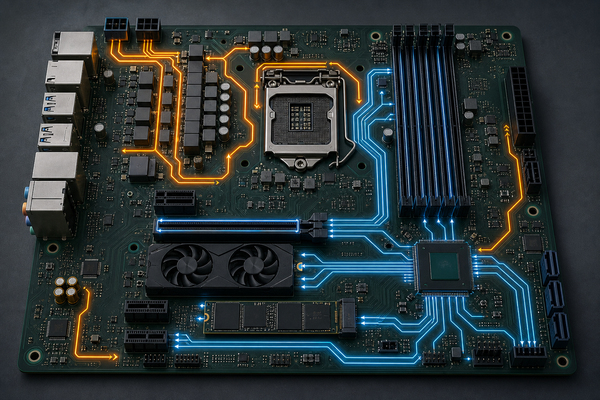 Power and high-speed data paths across a motherboard