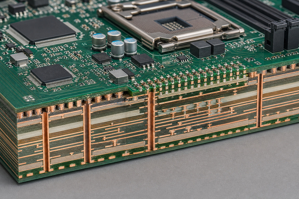 Illustrative multilayer motherboard PCB stack-up and copper interconnects