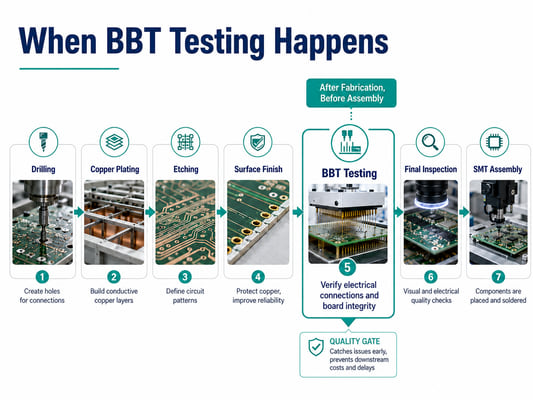 PCB production flow showing BBT testing after fabrication and before final inspection and SMT assembly