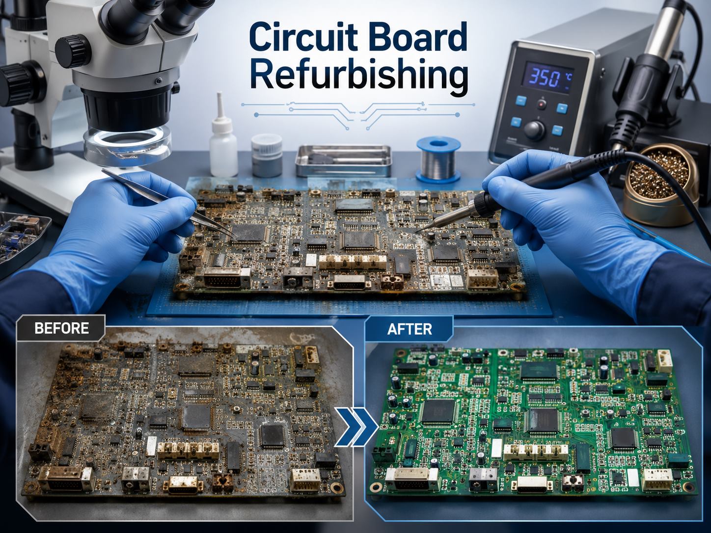 Circuit board refurbishing before and after restoration on an electronics workbench