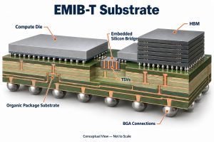 Conceptual EMIB-T structure with embedded bridge TSVs, compute die and HBM
