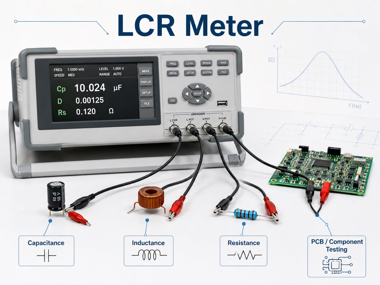 LCR meter measuring capacitance, inductance, resistance, and PCB components