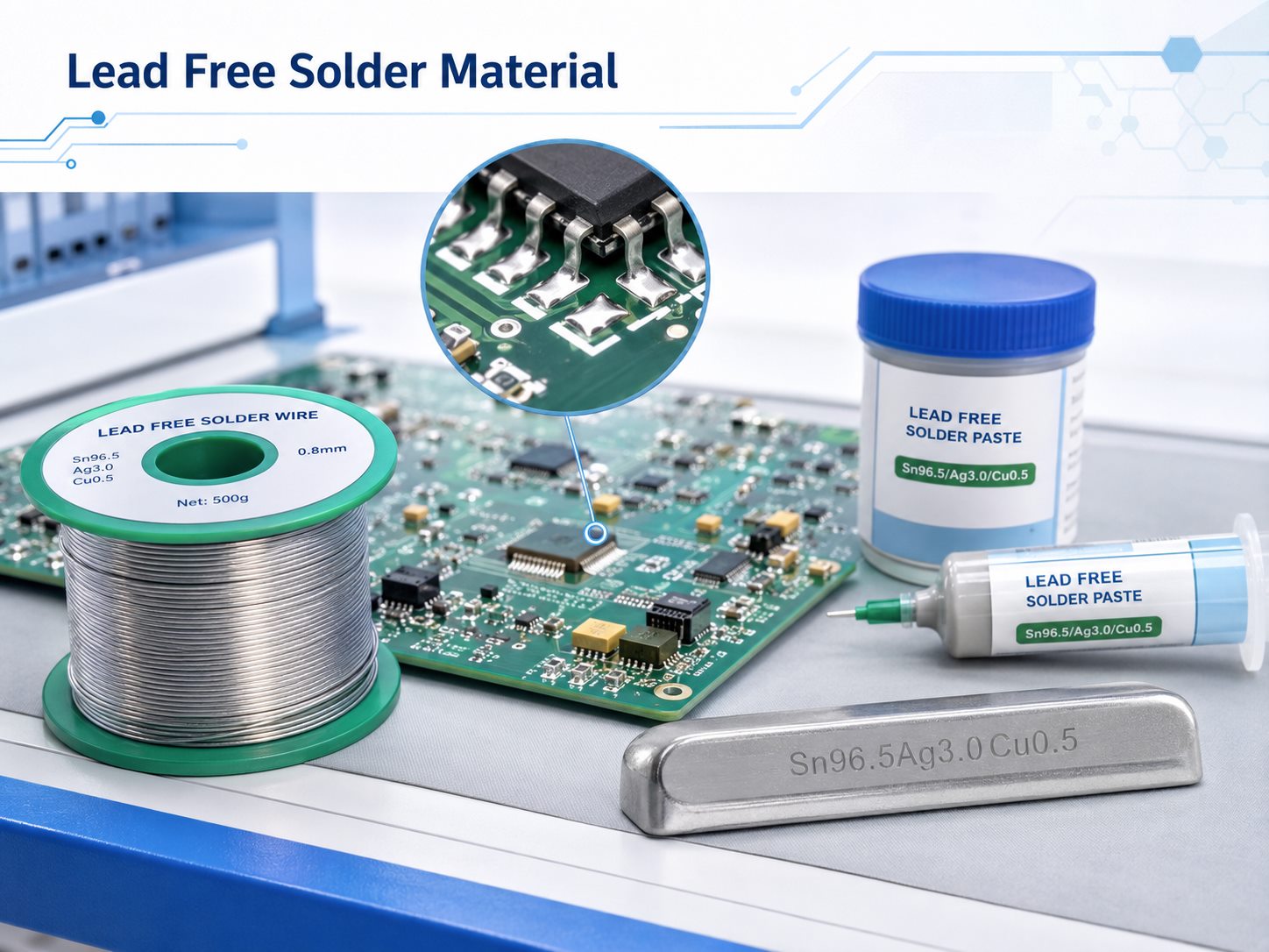Lead free solder material used in PCB assembly, including solder wire, paste and bar