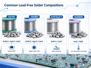 Common lead free solder material compositions including SAC305, SnCu, SnBi, and SnAg