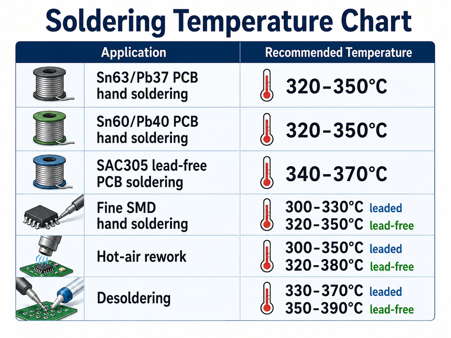 Soldering temperature chart for leaded, lead-free, SMD, hot-air rework and desoldering