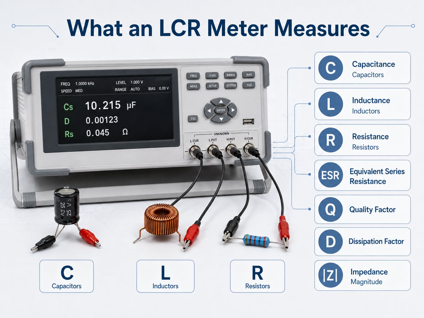 LCR meter measurement parameters including L, C, R, ESR, Q, D, and impedance