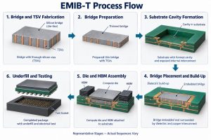 Six representative EMIB-T integration stages from bridge fabrication to testing