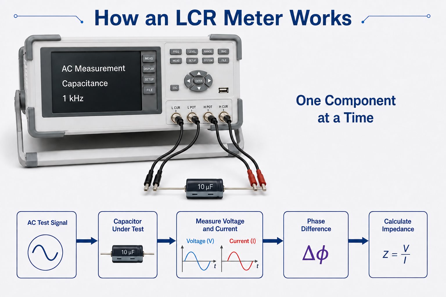 How an LCR meter works using an AC signal, voltage and current measurement, phase difference, and impedance calculation