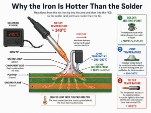 Diagram showing why soldering iron tip temperature is higher than solder melting point due to heat flow into the PCB