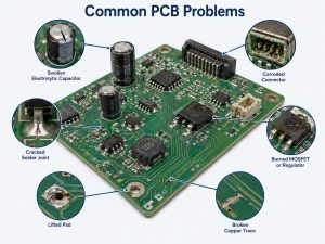 Common PCB problems including a swollen capacitor, corroded connector, cracked solder joint, burned component, lifted pad, and broken trace