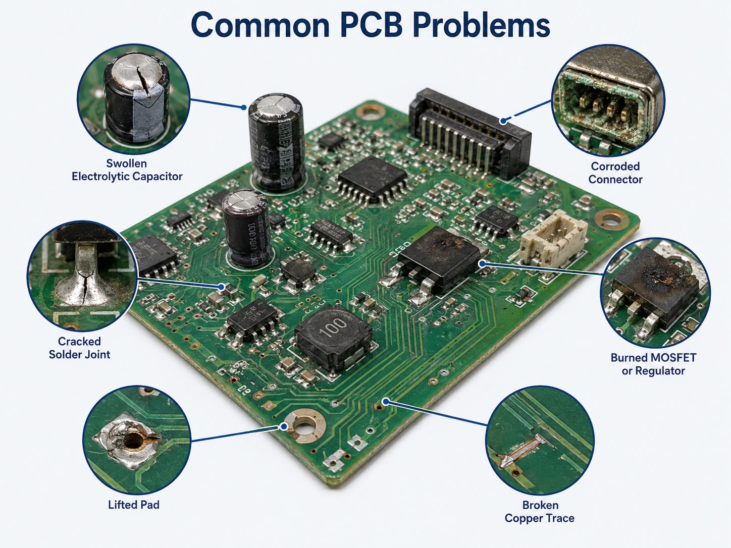 Common PCB problems including swollen capacitor, corroded connector, cracked solder joint, burned component, lifted pad and broken trace