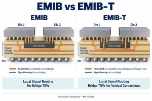 EMIB and EMIB-T comparison showing additional bridge TSV connections