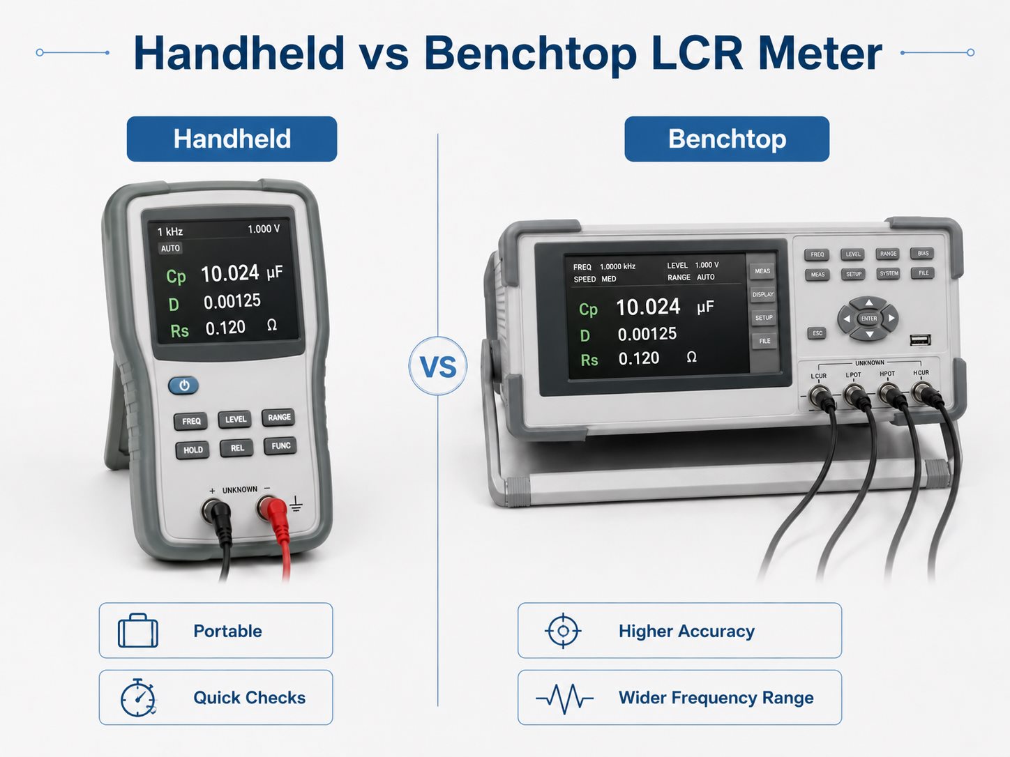 Comparison between handheld and benchtop LCR meters