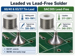 Leaded versus lead-free solder comparison showing melting point and typical soldering iron settings