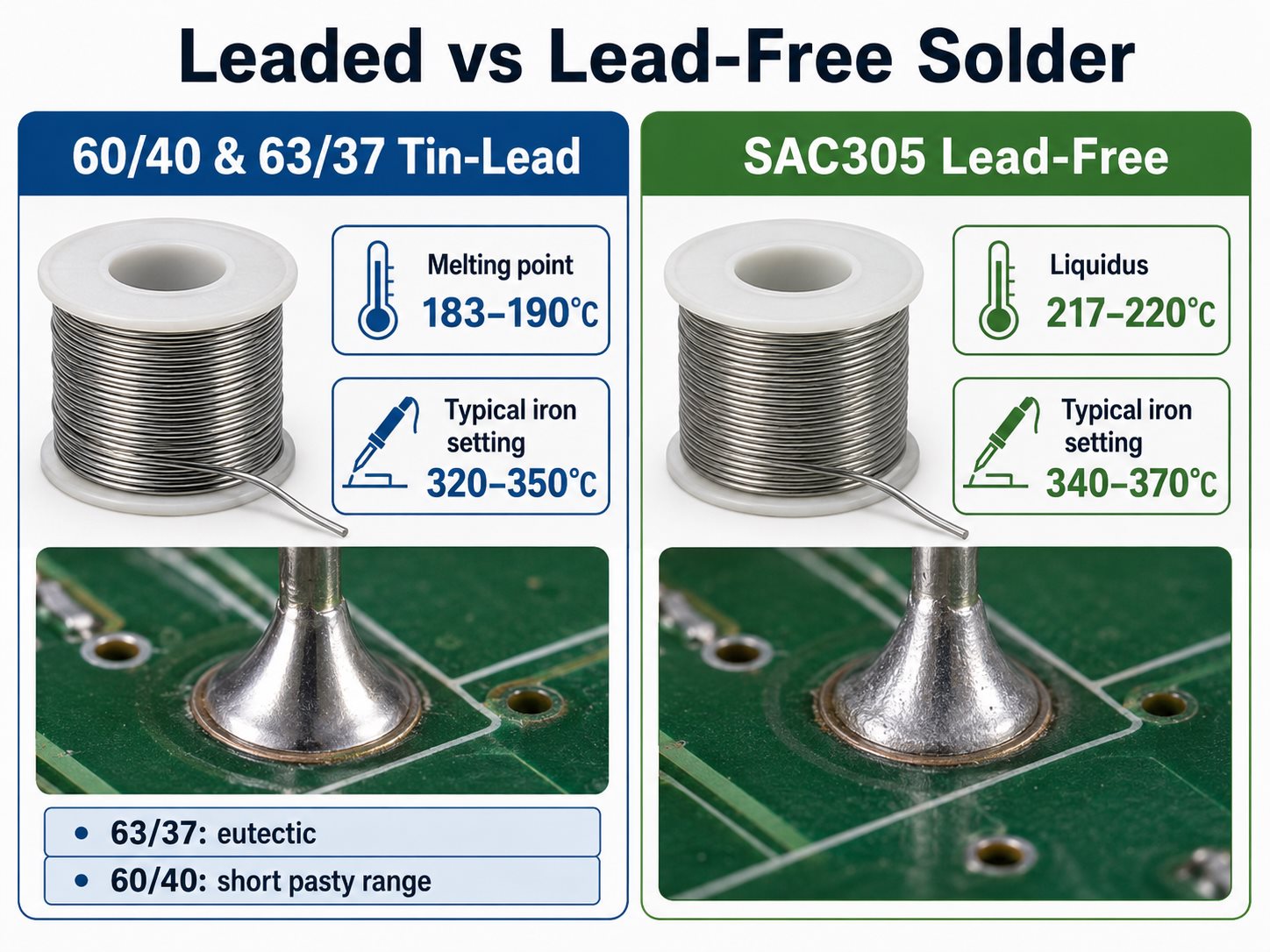Leaded versus lead-free solder comparison showing melting point and typical soldering iron settings
