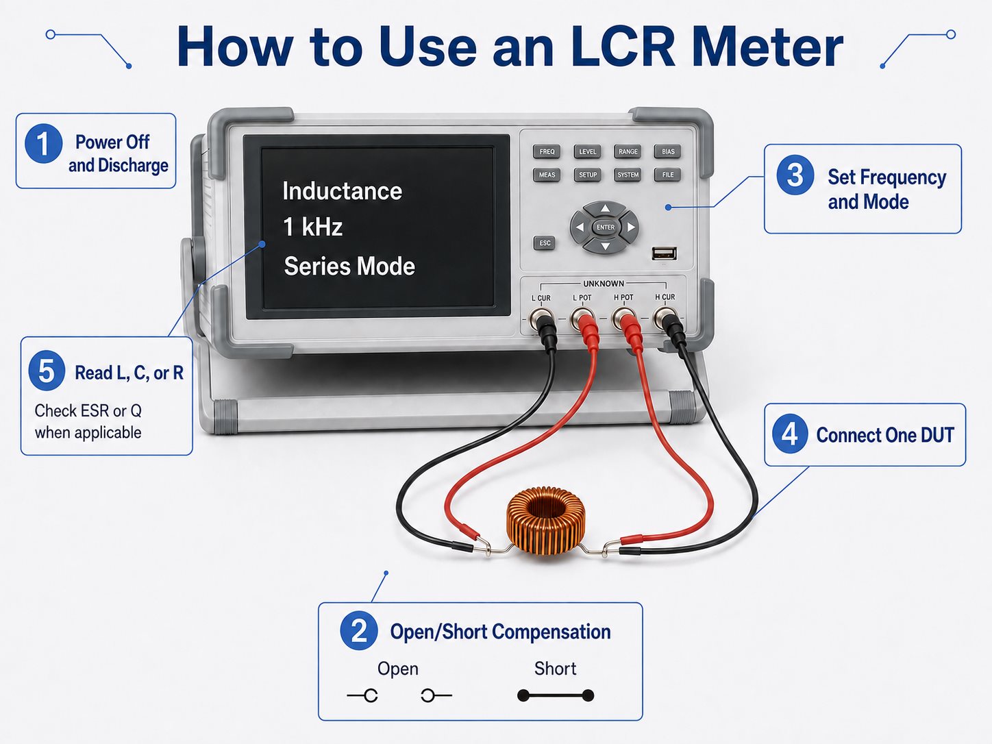 Step-by-step guide showing how to use an LCR meter