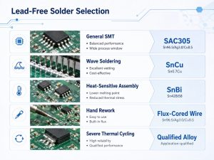 Lead free solder material selection factors for PCB assembly applications