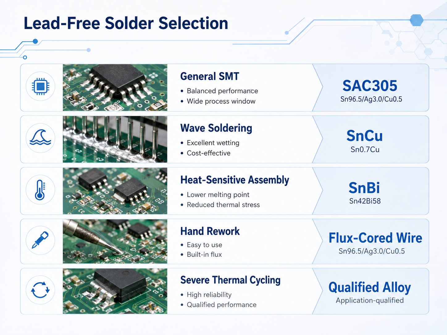 Lead-free solder selection guide for SMT, wave soldering, heat-sensitive assembly, rework and thermal cycling