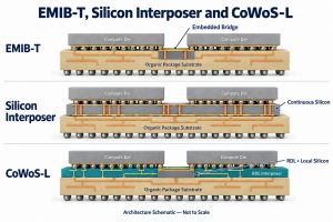 Architecture comparison of EMIB-T, a continuous silicon interposer and CoWoS-L